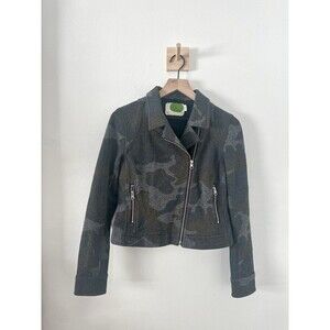 Anthropologie Robin Camo Print Moto Jacket XS Green Grey Edgy Outerwear Cotton